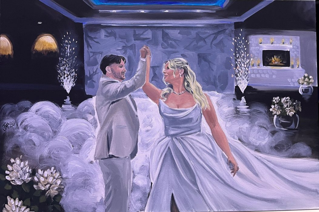 Live wedding painting of first dance in a candlelit ballroom with fog.