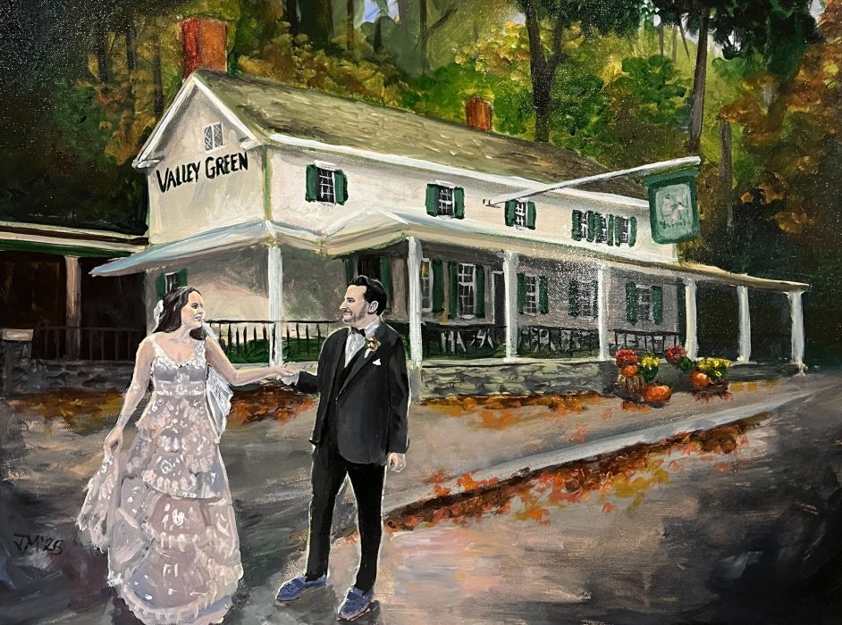 Live wedding painting of couple outside Valley Green historic inn.